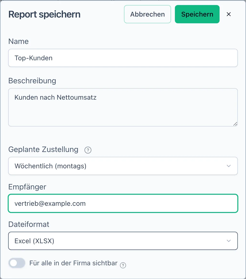 Der Dialog „Report speichern" mit wöchentlicher geplanter Zustellung