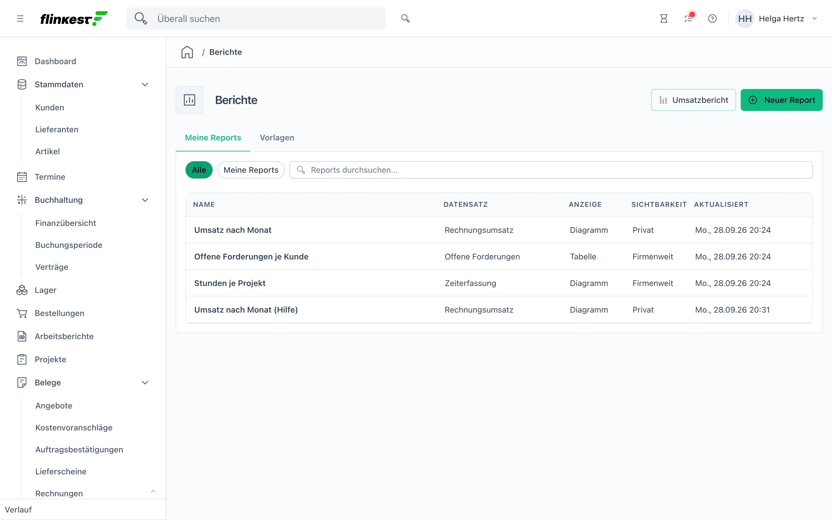Die Seite Berichte mit den Reitern Meine Reports und Vorlagen, Schnellfilter, Suche und der Liste gespeicherter Reports