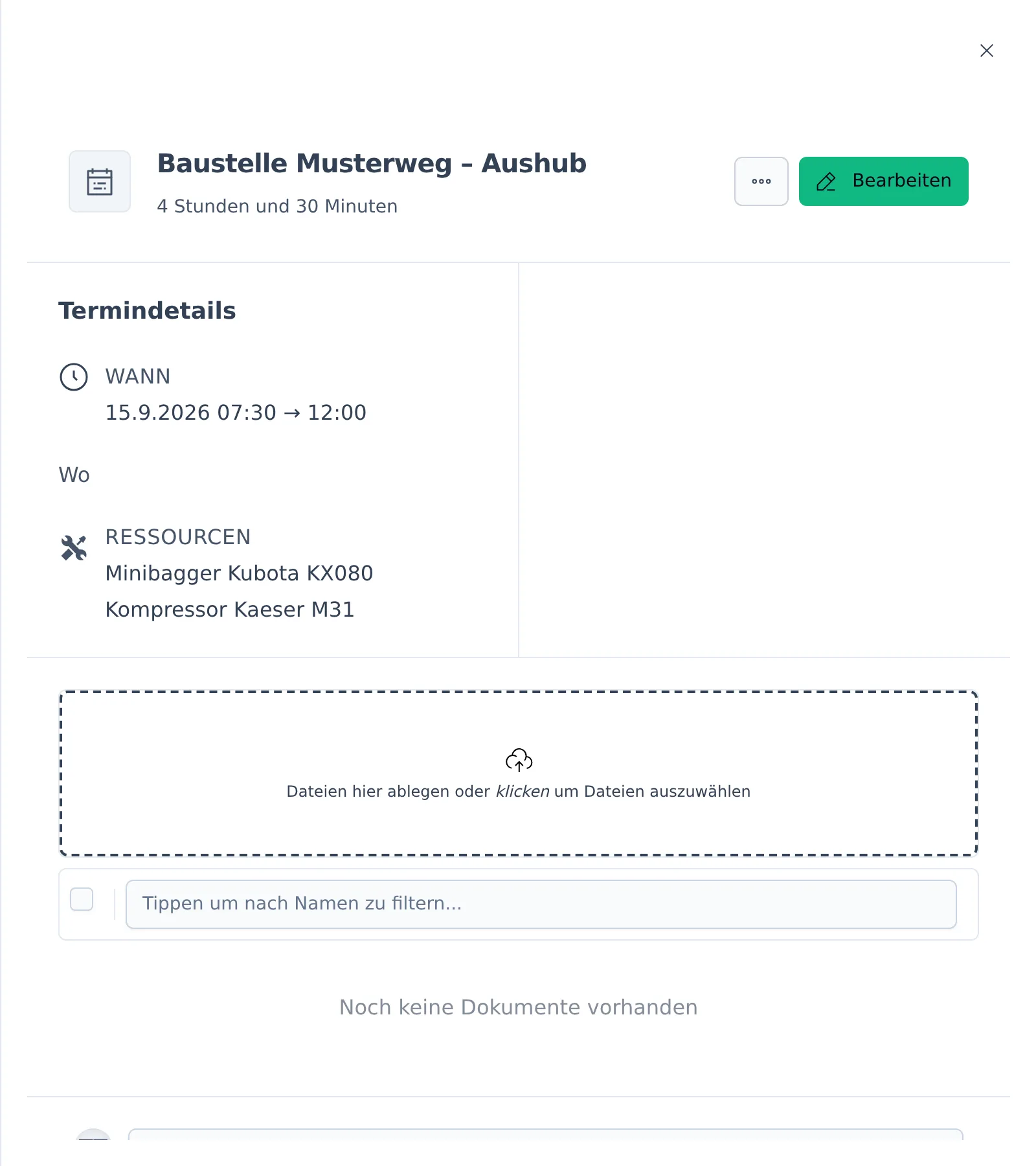 Termin-Seitenleiste nach Klick auf einen Terminbalken der Ressourcen-Zeitleiste