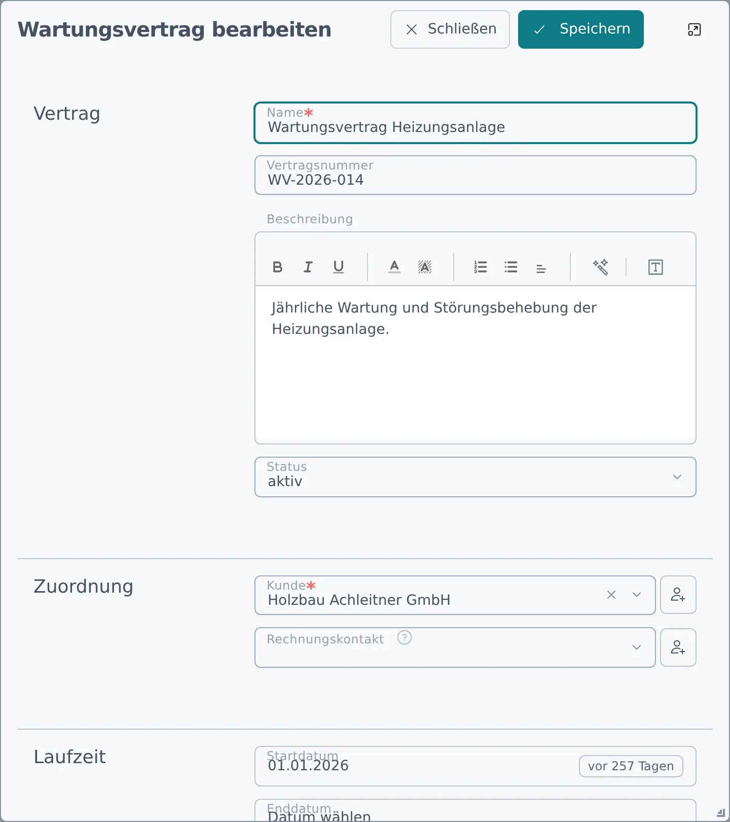 Dialog Wartungsvertrag bearbeiten mit den Bereichen Vertrag, Zuordnung, Laufzeit und Abrechnung