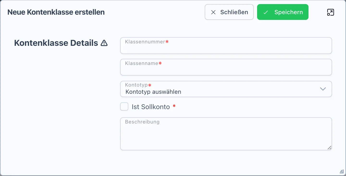 Der Dialog „Neue Kontenklasse erstellen" mit Klassennummer, Klassenname und Beschreibung