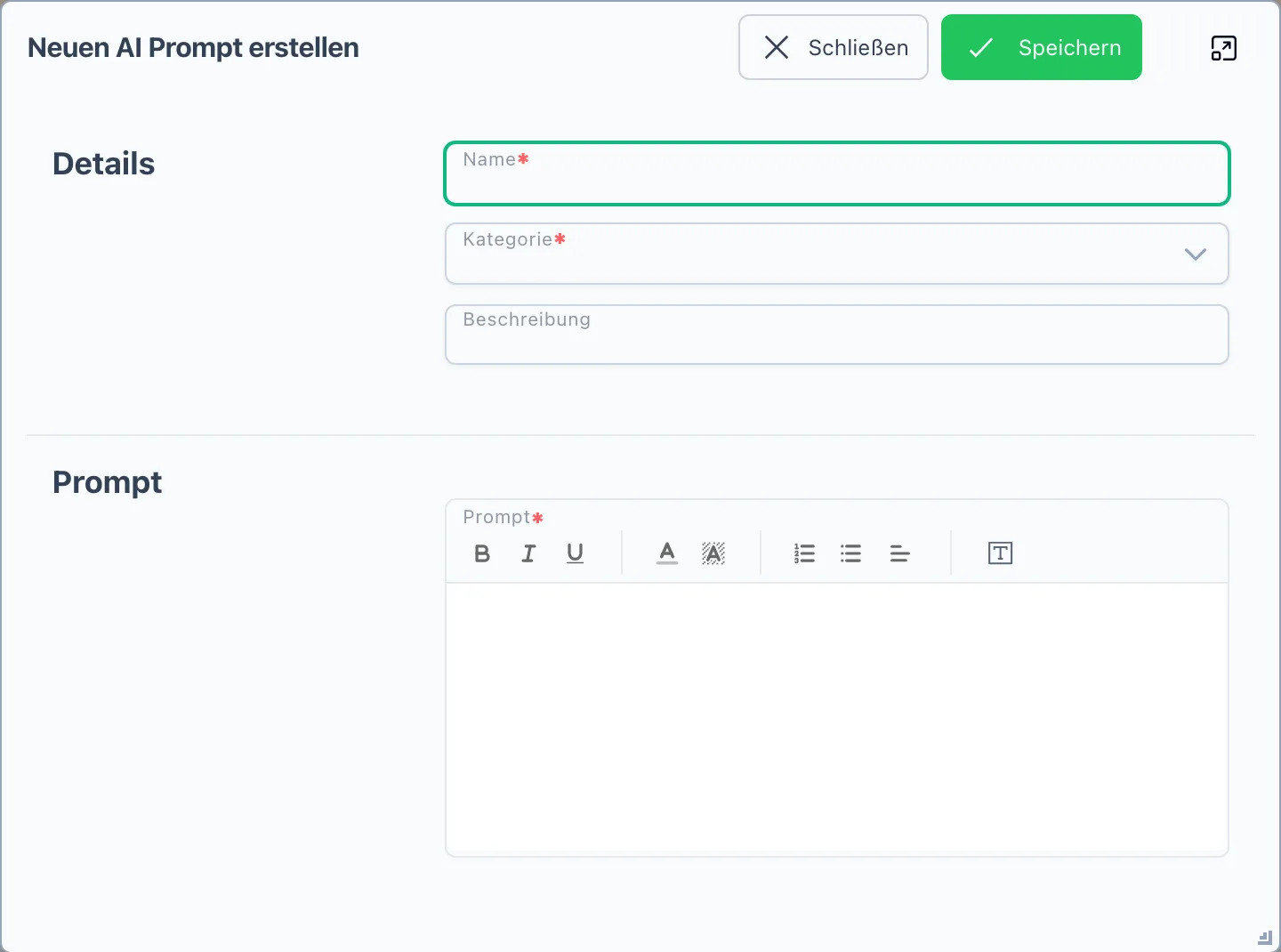 Dialog „Neuen AI Prompt erstellen" mit den Feldern Name, Kategorie, Beschreibung und Prompt