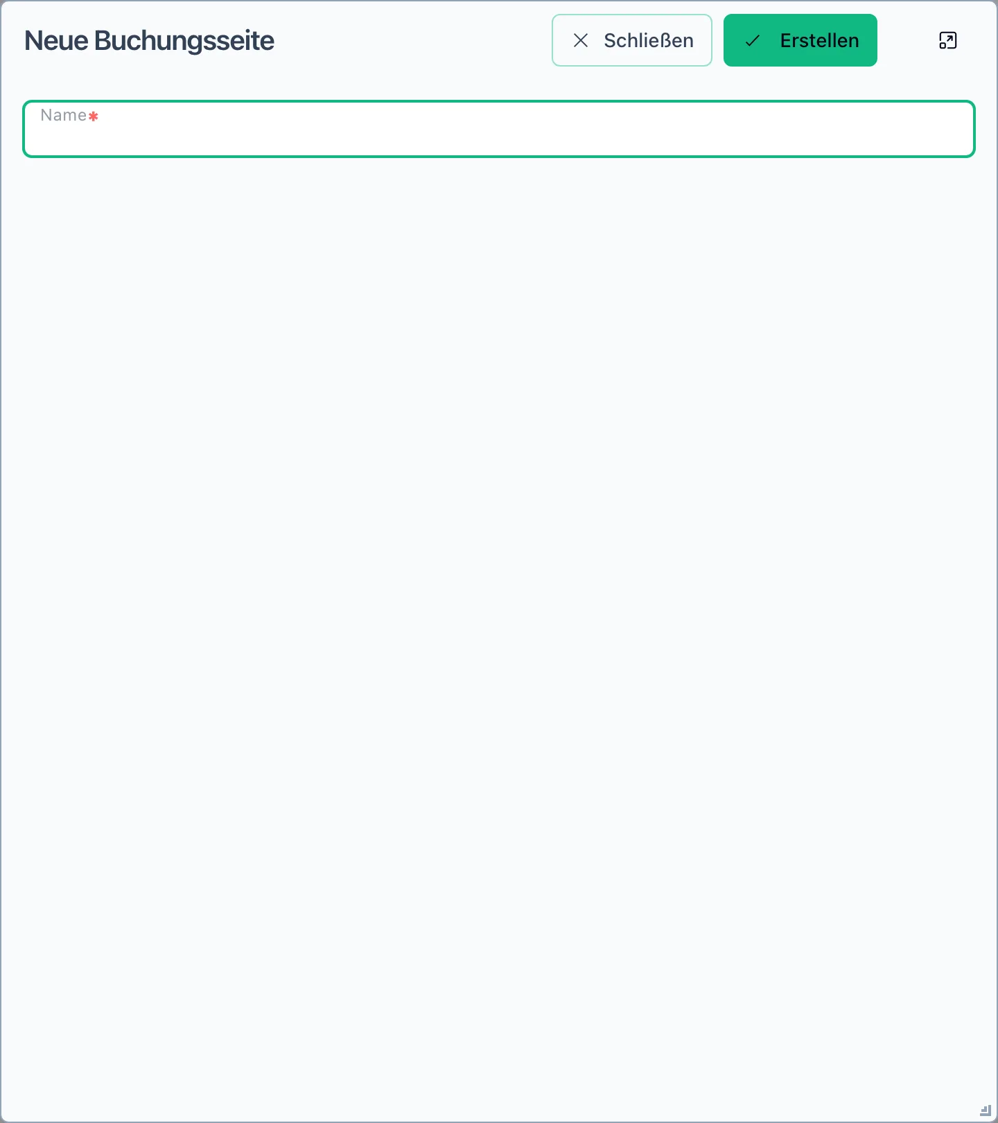 Der Dialog „Neue Buchungsseite“ mit dem Feld Name