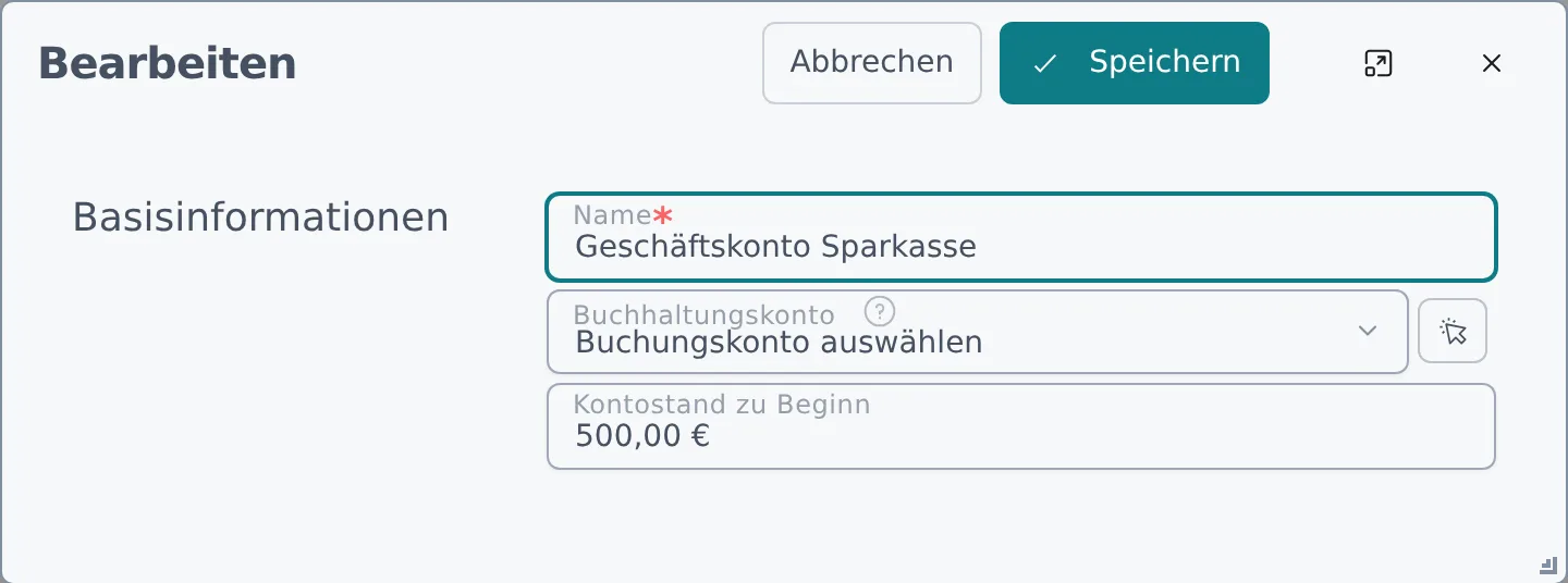Dialog Bearbeiten mit den Feldern Name, Buchhaltungskonto und Kontostand zu Beginn