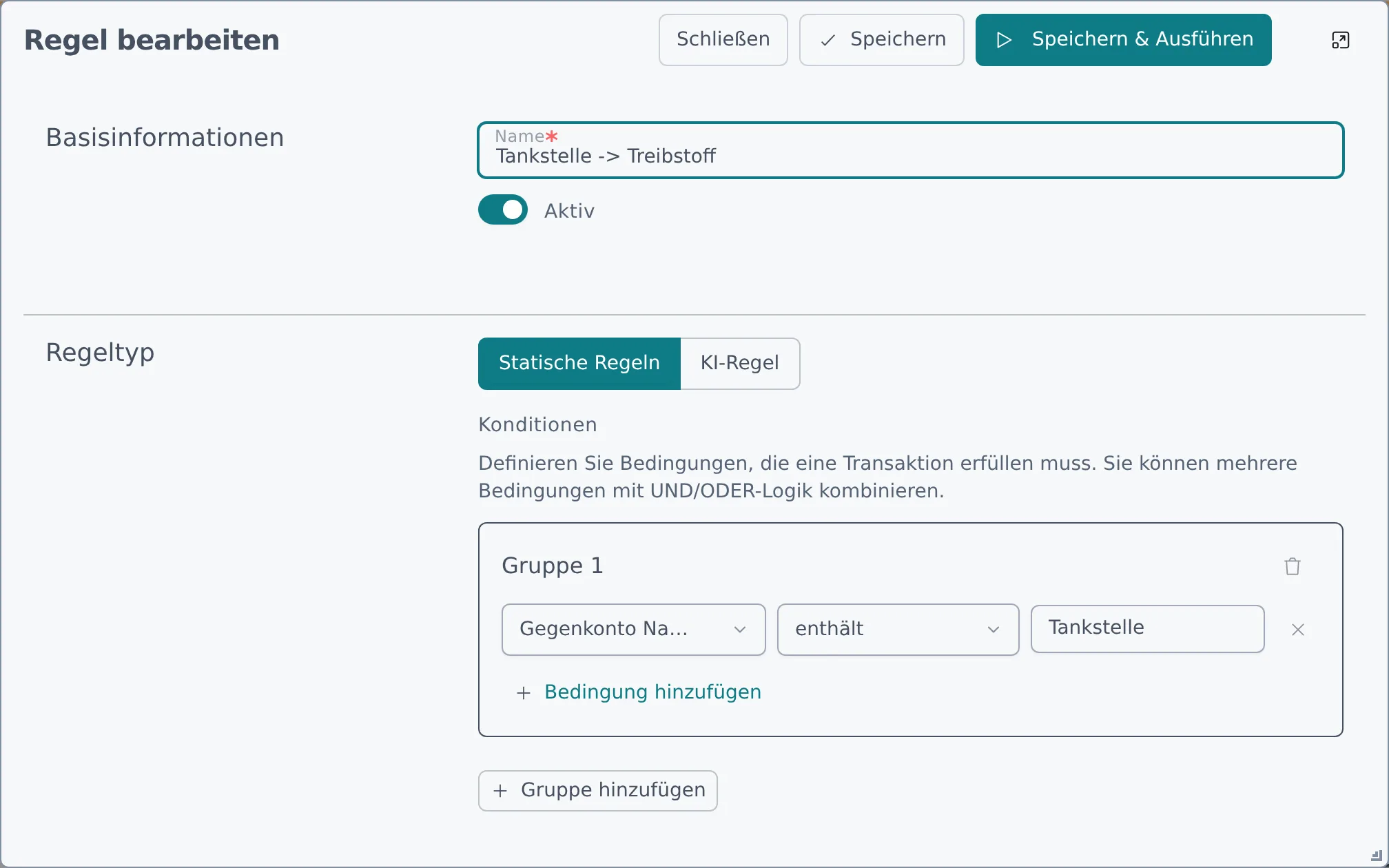 Der Dialog „Regel bearbeiten" mit Namen, Regeltyp und den Bedingungen einer statischen Regel