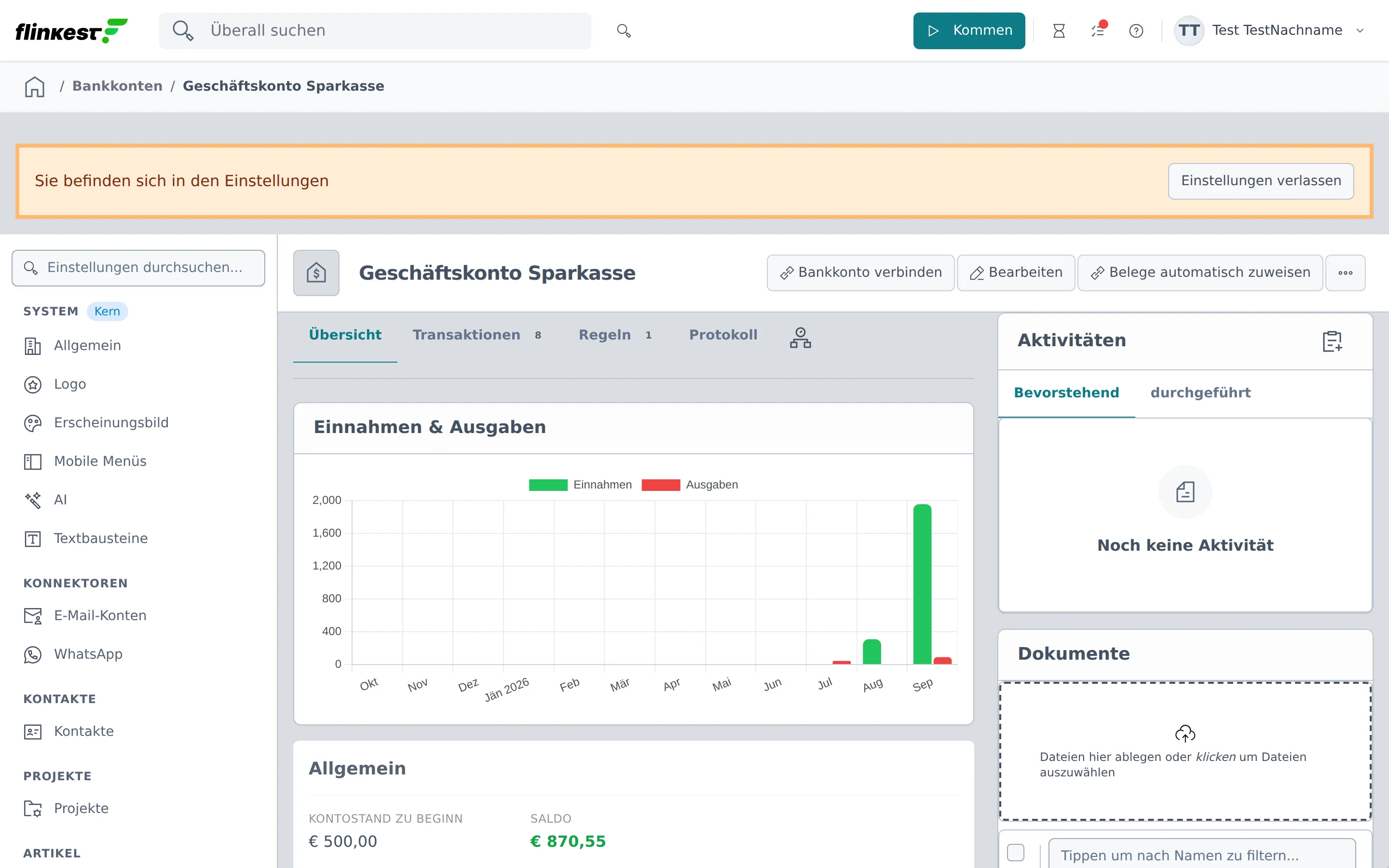 Bankkonto-Details mit Kopfzeile, Monatsdiagramm und den Reitern Übersicht, Transaktionen, Regeln und Protokoll