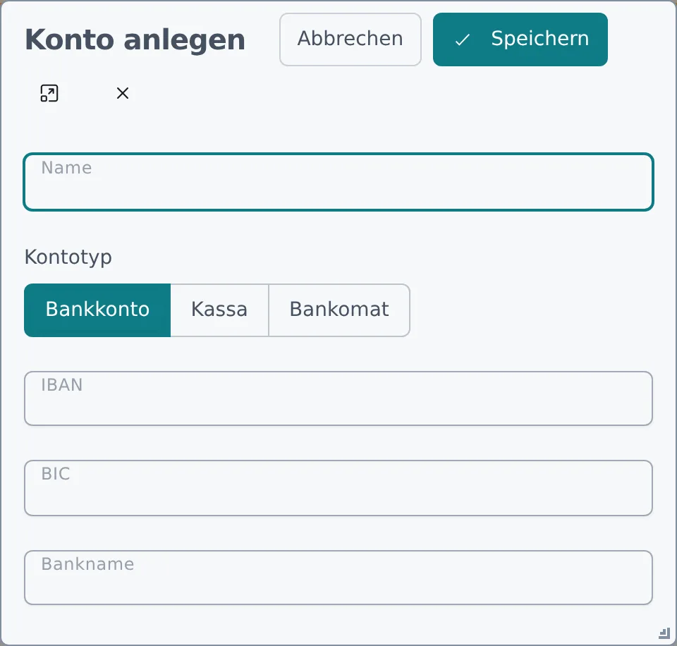 Der Dialog „Konto anlegen" mit Name, Kontotyp und den Feldern IBAN, BIC und Bankname bei Typ Bankkonto