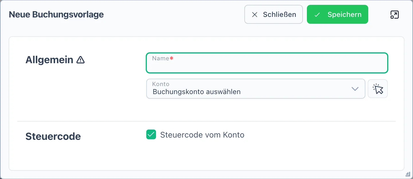Dialog mit Name, Buchungskonto und der Steuercode-Einstellung einer Buchungsvorlage