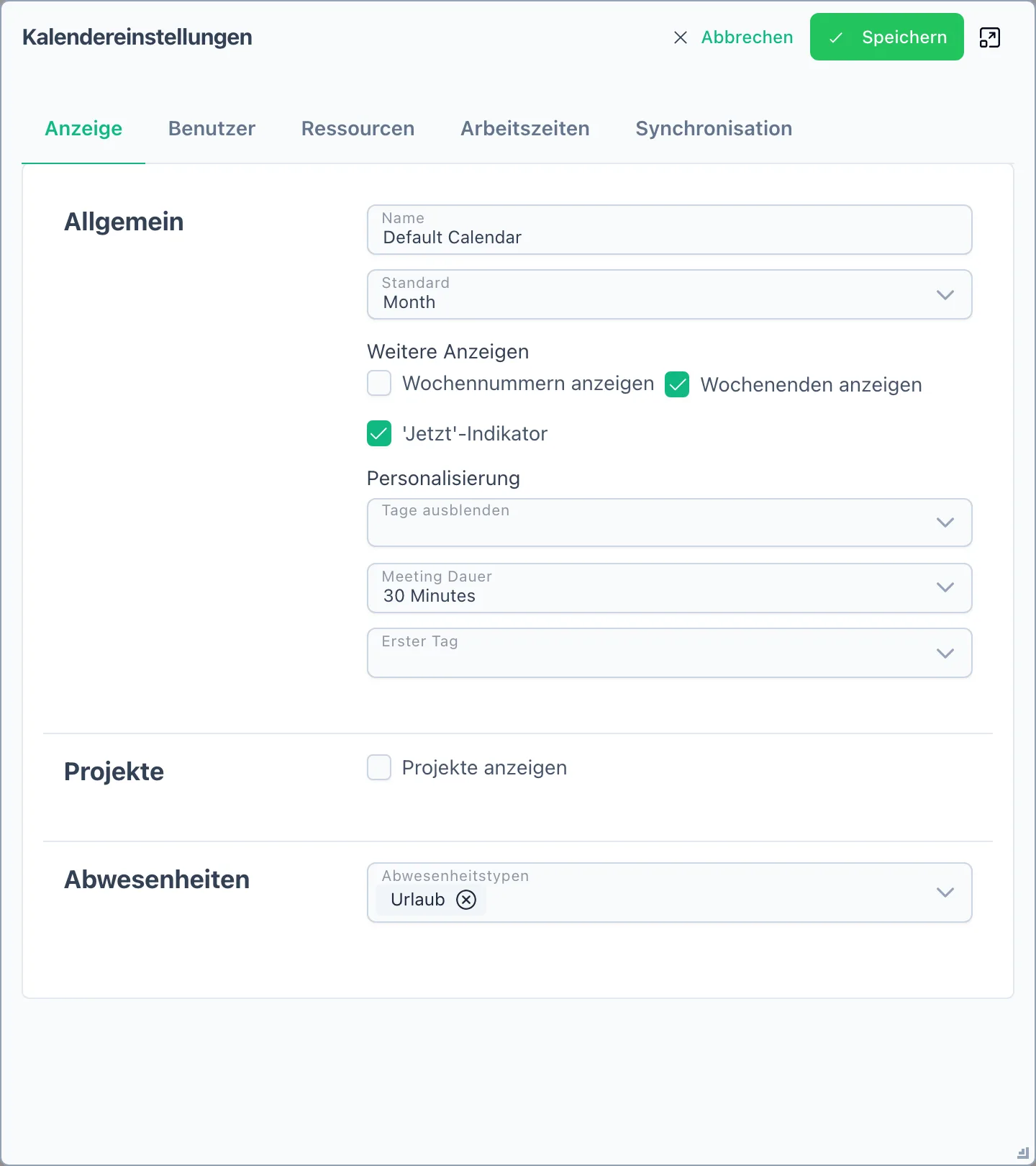 Dialog Kalendereinstellungen mit den Reitern Anzeige, Benutzer, Ressourcen, Arbeitszeiten und Synchronisation