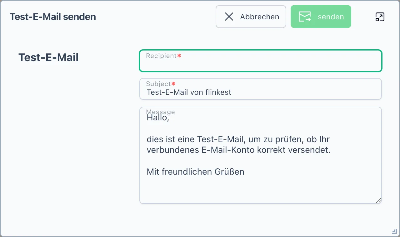 Dialog Test-E-Mail senden mit den Feldern Empfänger, Betreff und Nachricht
