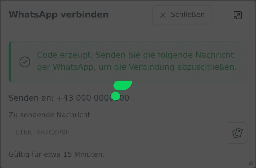 Der Dialog WhatsApp verbinden mit Verknüpfungscode und der zu sendenden WhatsApp-Nachricht