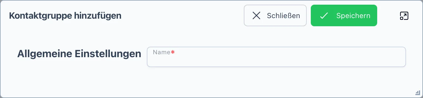 Der Dialog „Kontaktgruppe hinzufügen" mit dem Pflichtfeld „Name"