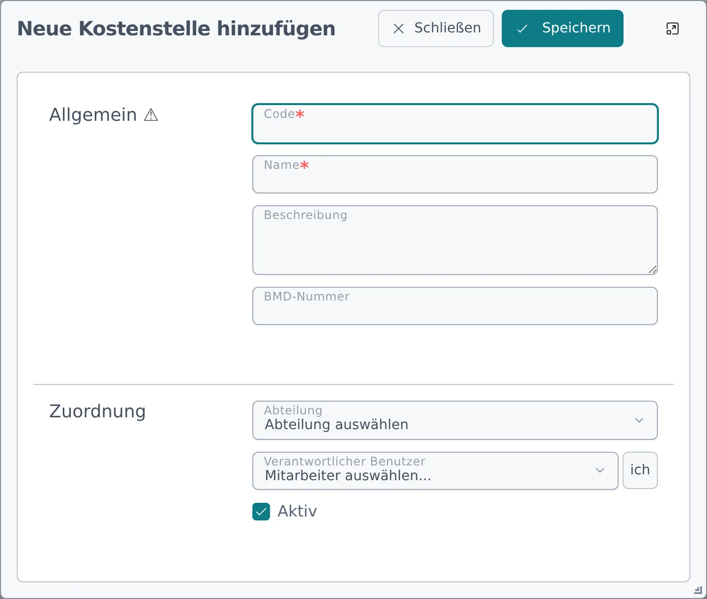 Dialog Neue Kostenstelle hinzufügen mit den Feldern Code, Name, Beschreibung, BMD-Nummer, Abteilung und Verantwortlicher Benutzer