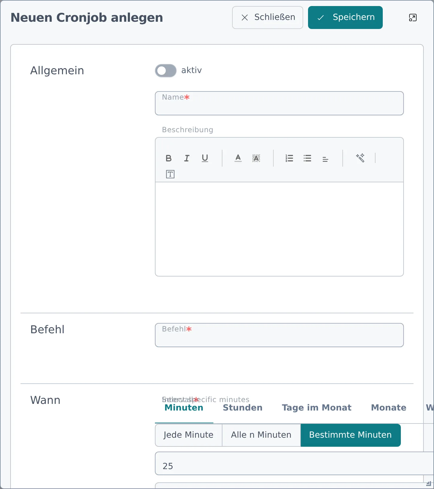 Der Dialog „Neuen Cronjob anlegen“ mit Schalter aktiv, den Feldern Name und Befehl sowie dem Zeitplan-Editor