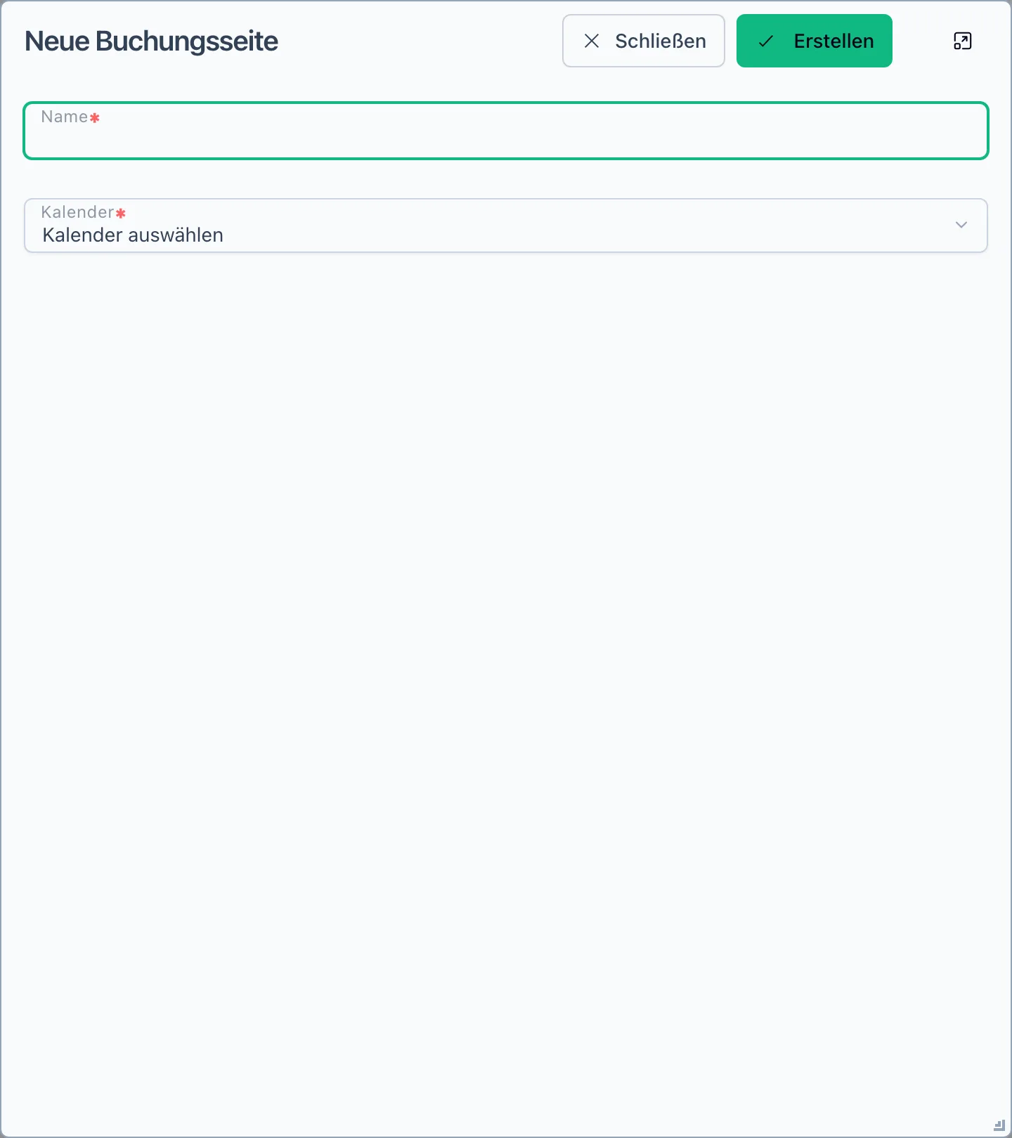 Dialog Neue Buchungsseite mit den Feldern Name und Kalender