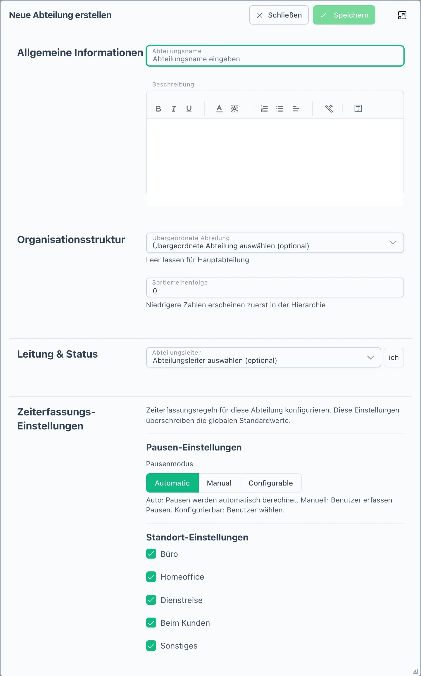 Der Dialog „Neue Abteilung erstellen" mit Name, Struktur und Zeiterfassungs-Einstellungen