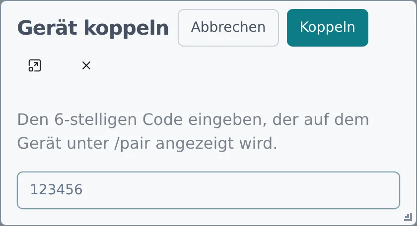 Der Dialog „Gerät koppeln" mit dem Eingabefeld für den 6-stelligen Code