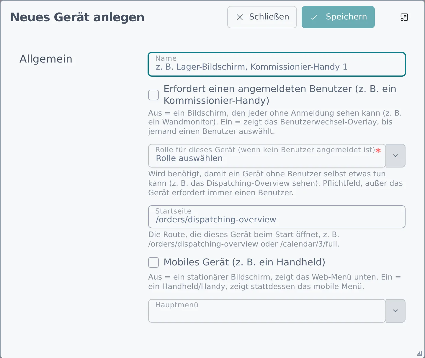 Der Dialog „Neues Gerät anlegen" mit Name, dem Schalter für den Benutzer, Rolle, Startseite und dem Schalter Mobiles Gerät