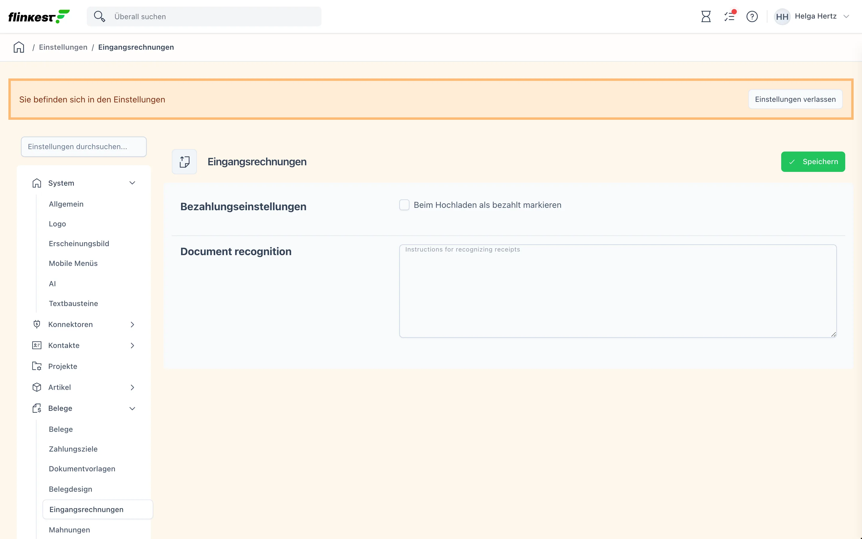 Einstellungsseite Eingangsrechnungen mit den Abschnitten Bezahlungseinstellungen und Document recognition
