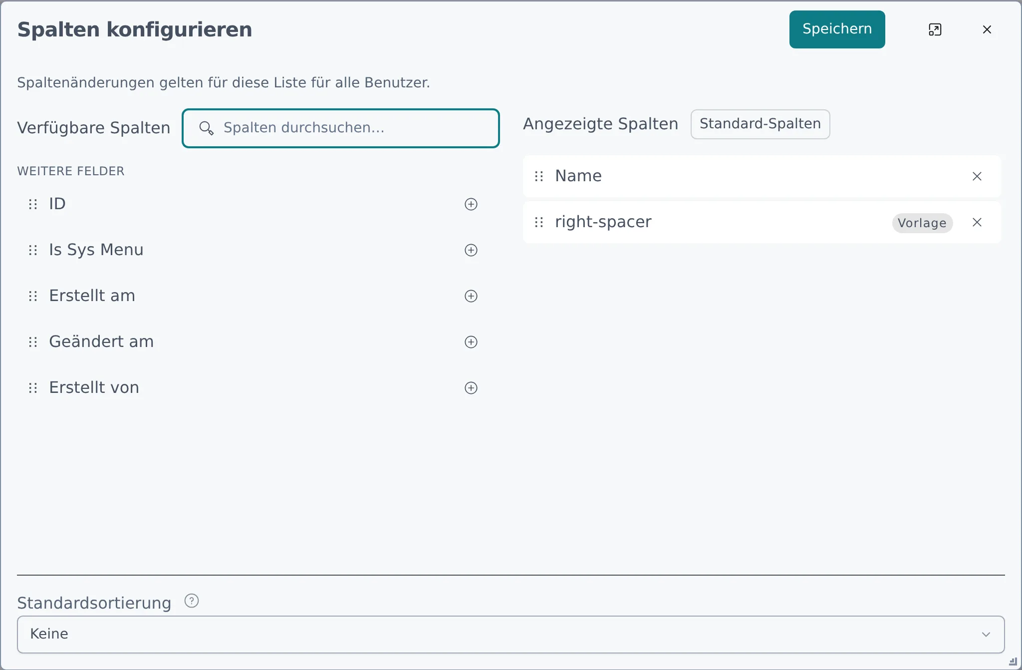 Der Dialog „Spalten konfigurieren" mit verfügbaren Feldern links und der aktuellen Spaltenauswahl rechts