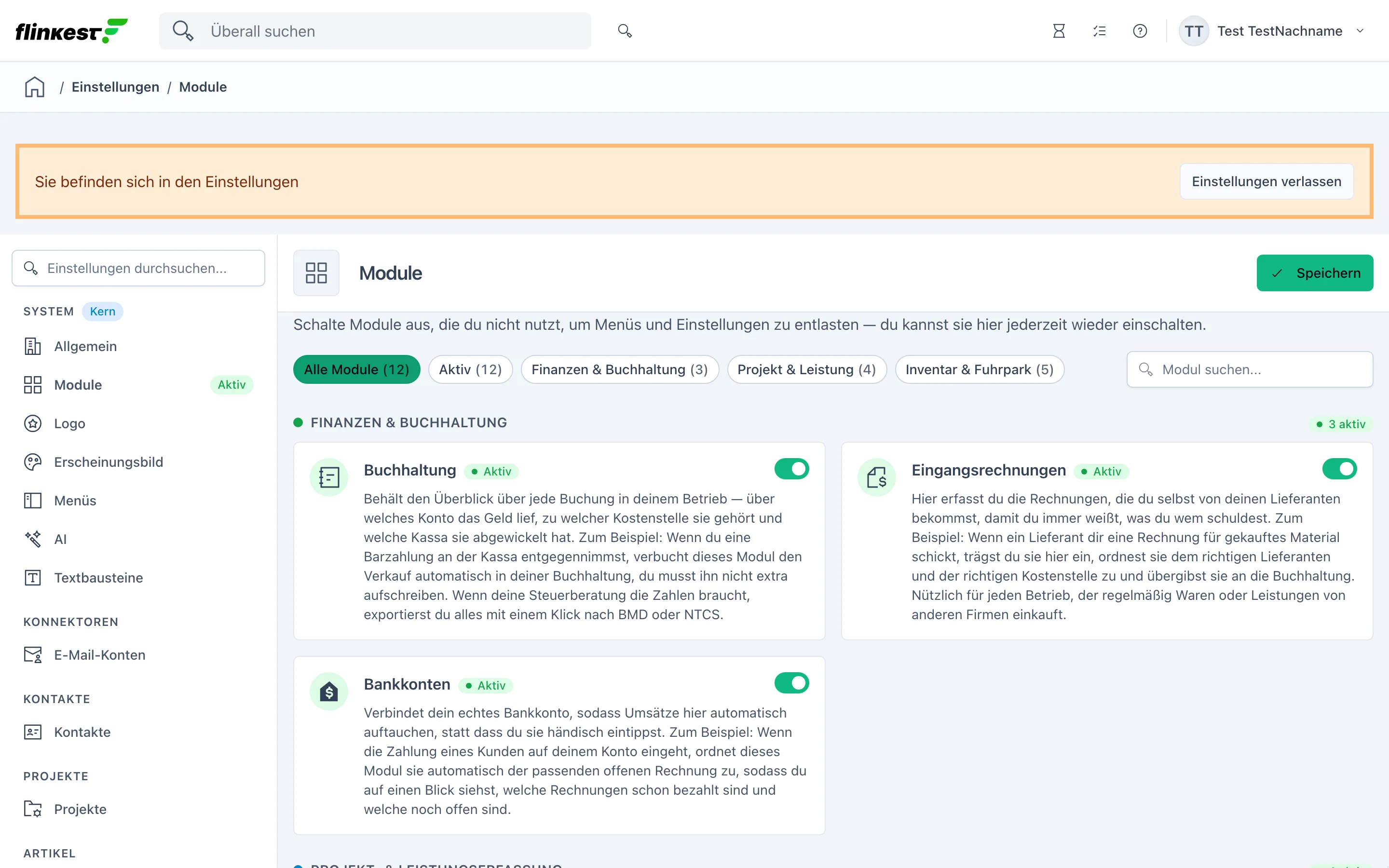 Die Seite Module mit den Modul-Karten in drei Gruppen, je mit Schalter und Beschreibung