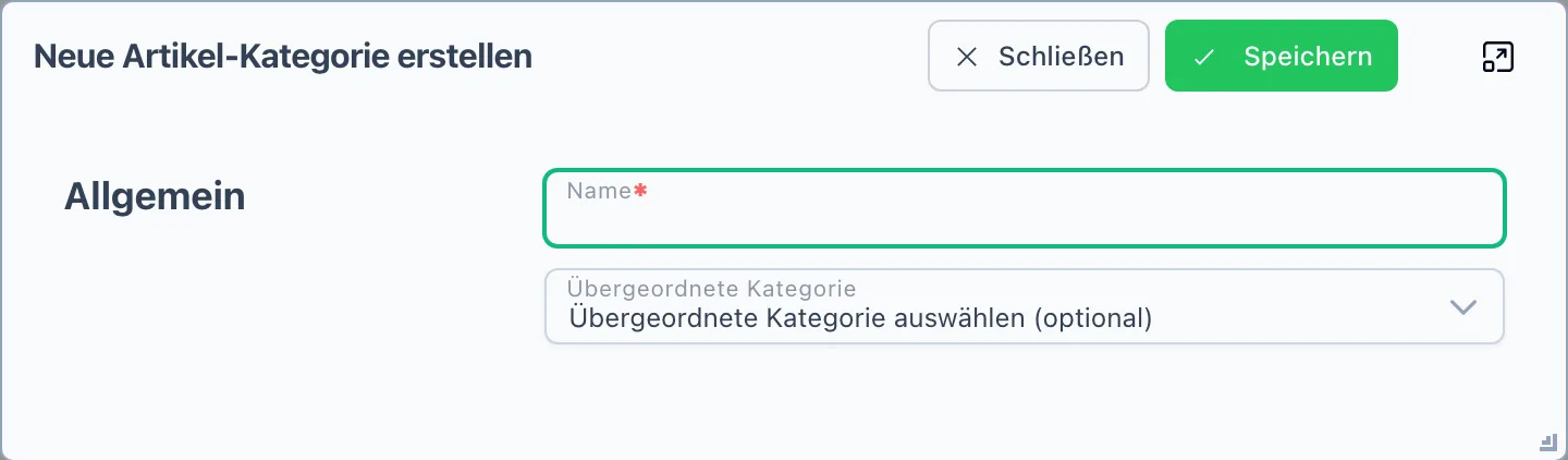 Dialog mit den Feldern Name und Übergeordnete Kategorie