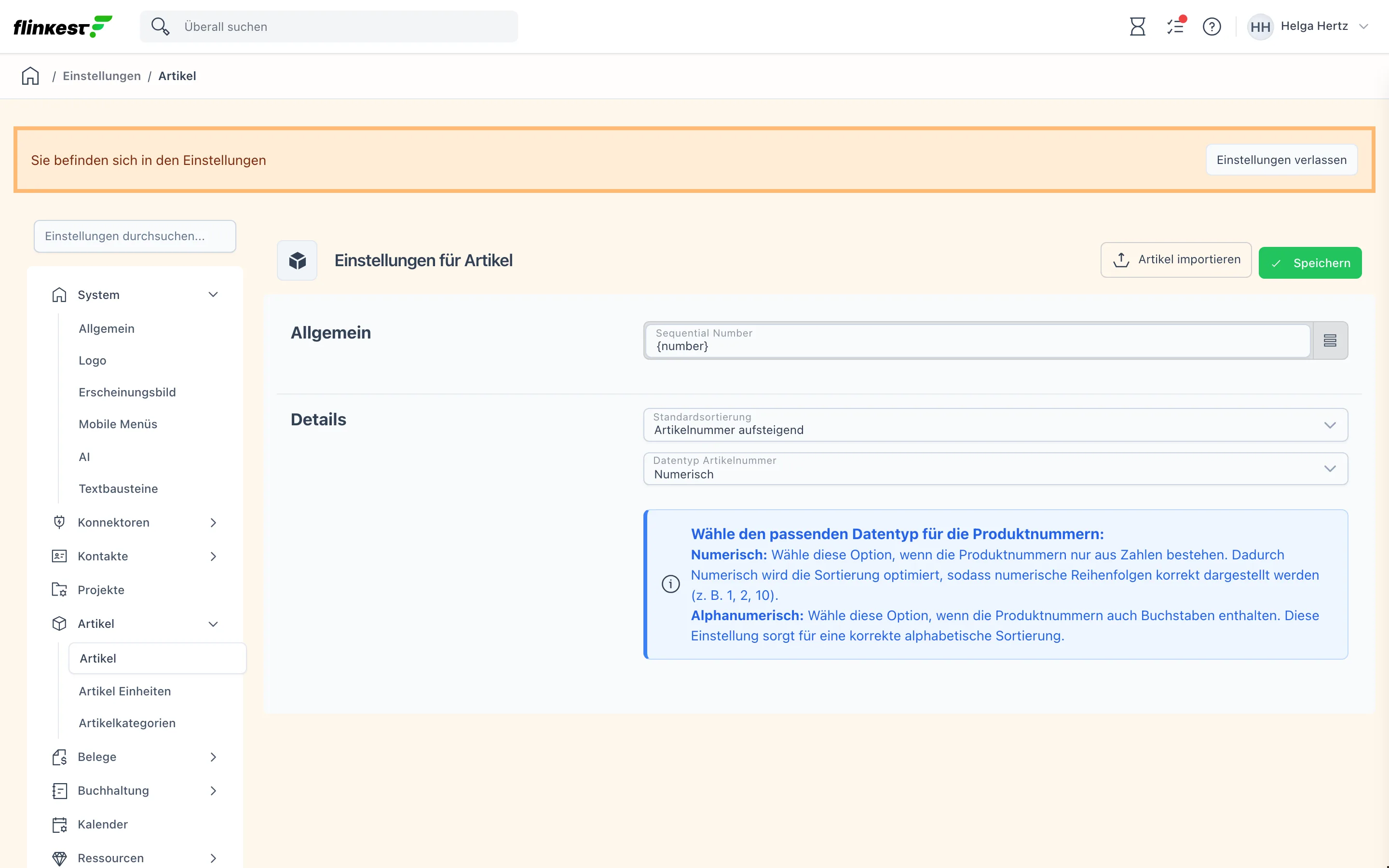 Einstellungen für Artikel mit den Bereichen Allgemein und Details