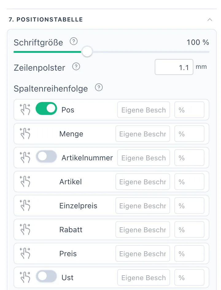 Abschnitt Positionstabelle mit der Spaltenreihenfolge zum Ziehen, Schaltern und Feldern für Beschriftung und Breite