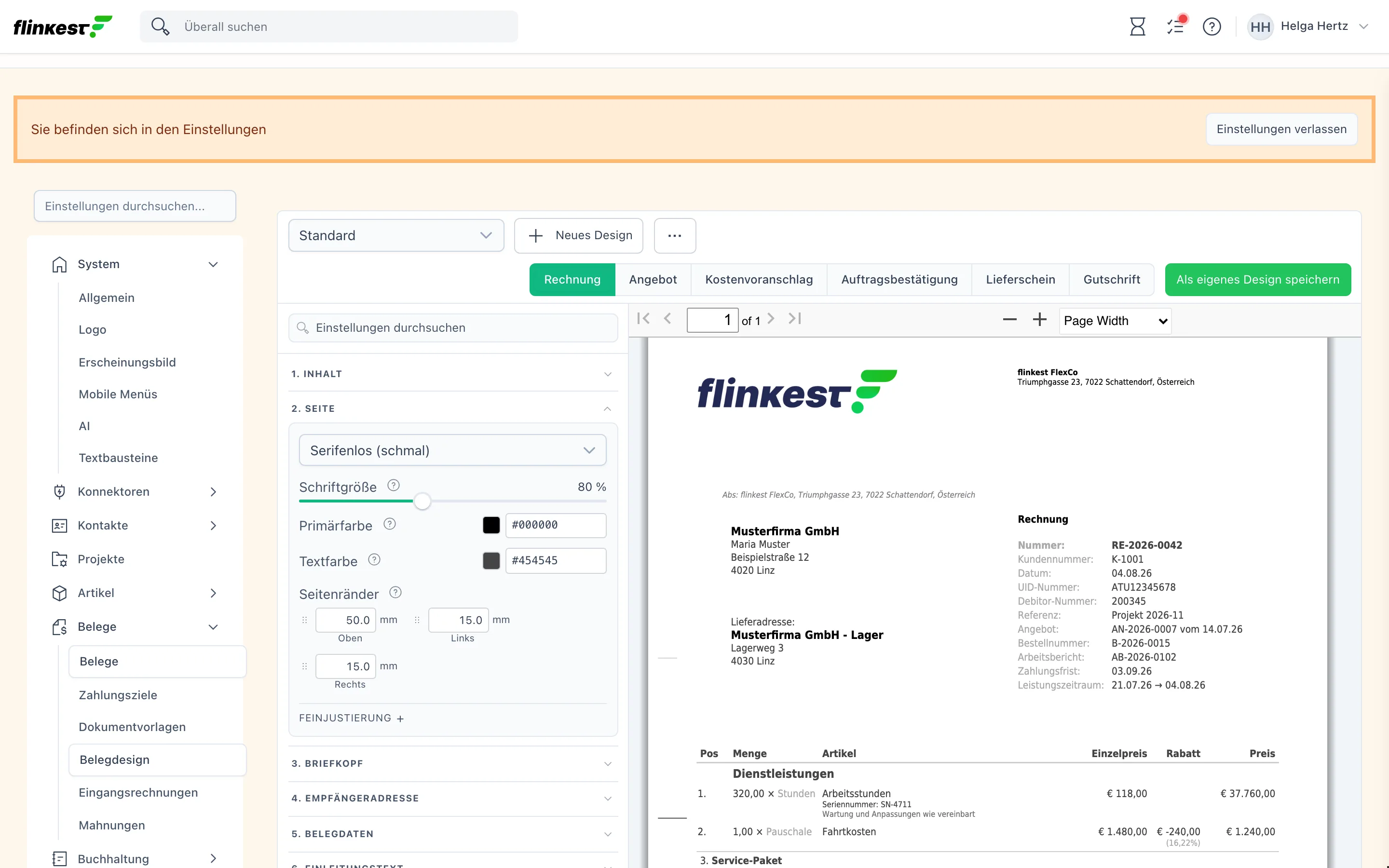 Belegdesign mit der Einstellungsleiste links und der PDF-Vorschau einer Beispielrechnung rechts
