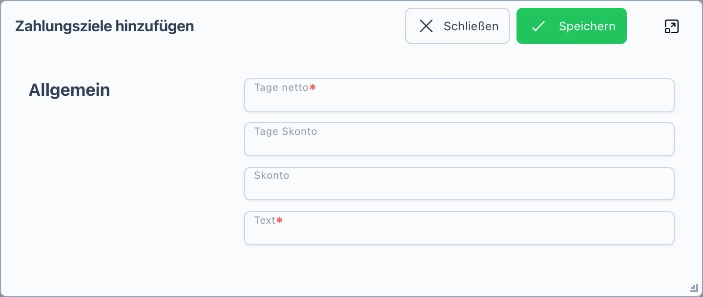 Der Dialog „Zahlungsziele hinzufügen" mit Tage netto, Tage Skonto, Skonto und Text