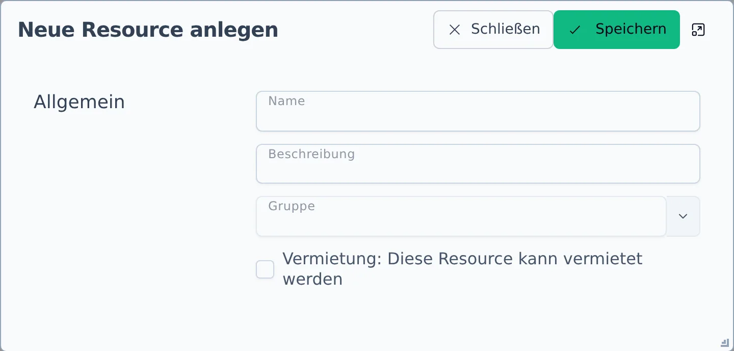 Der Dialog „Neue Resource anlegen" mit Name, Beschreibung, Ressourcengruppe und Vermietungs-Checkbox