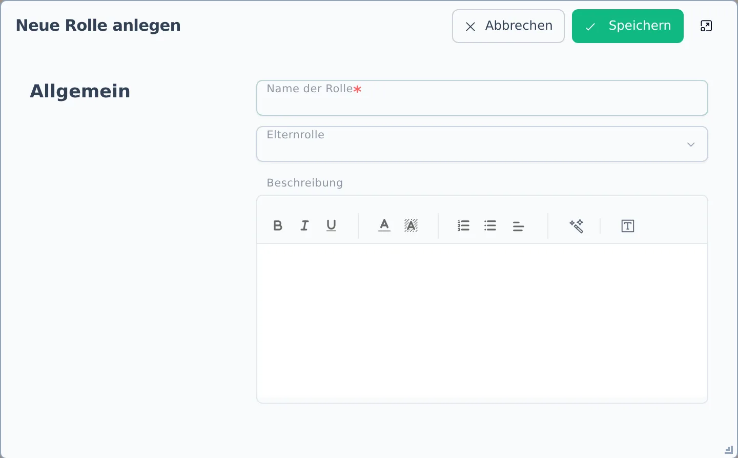 Der Dialog „Neue Rolle anlegen" mit den Feldern Name der Rolle, Elternrolle und Beschreibung
