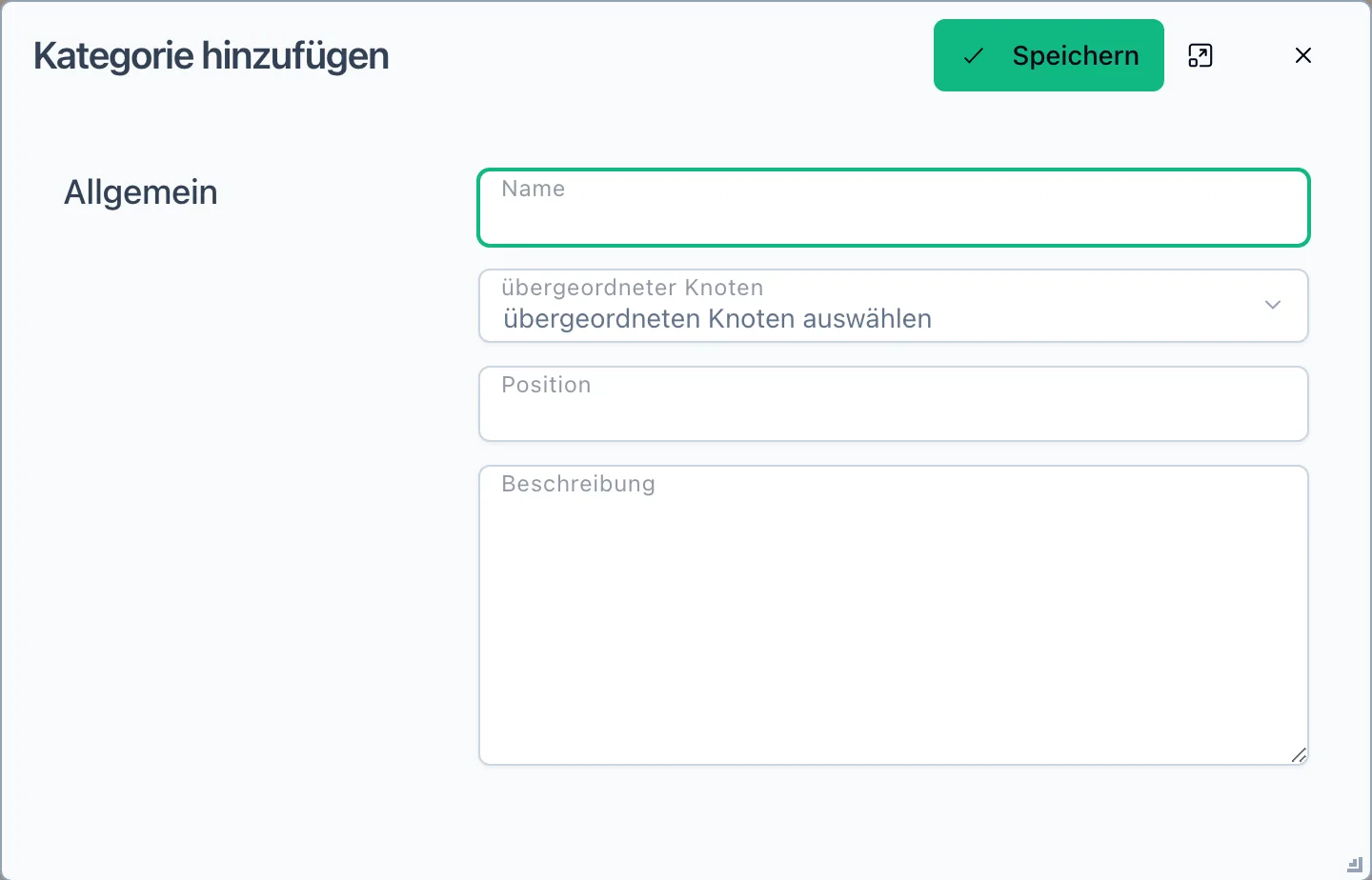 Dialog Kategorie hinzufügen mit den Feldern Name, übergeordneter Knoten, Position und Beschreibung