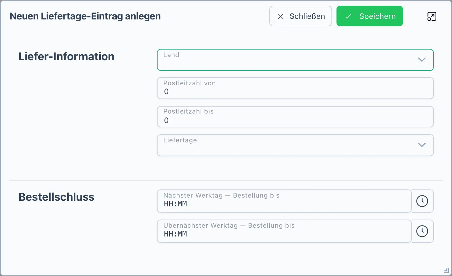 Dialog zum Anlegen eines Liefertage-Eintrags mit Land, Postleitzahl-Bereich, Wochentagen und Bestellschluss