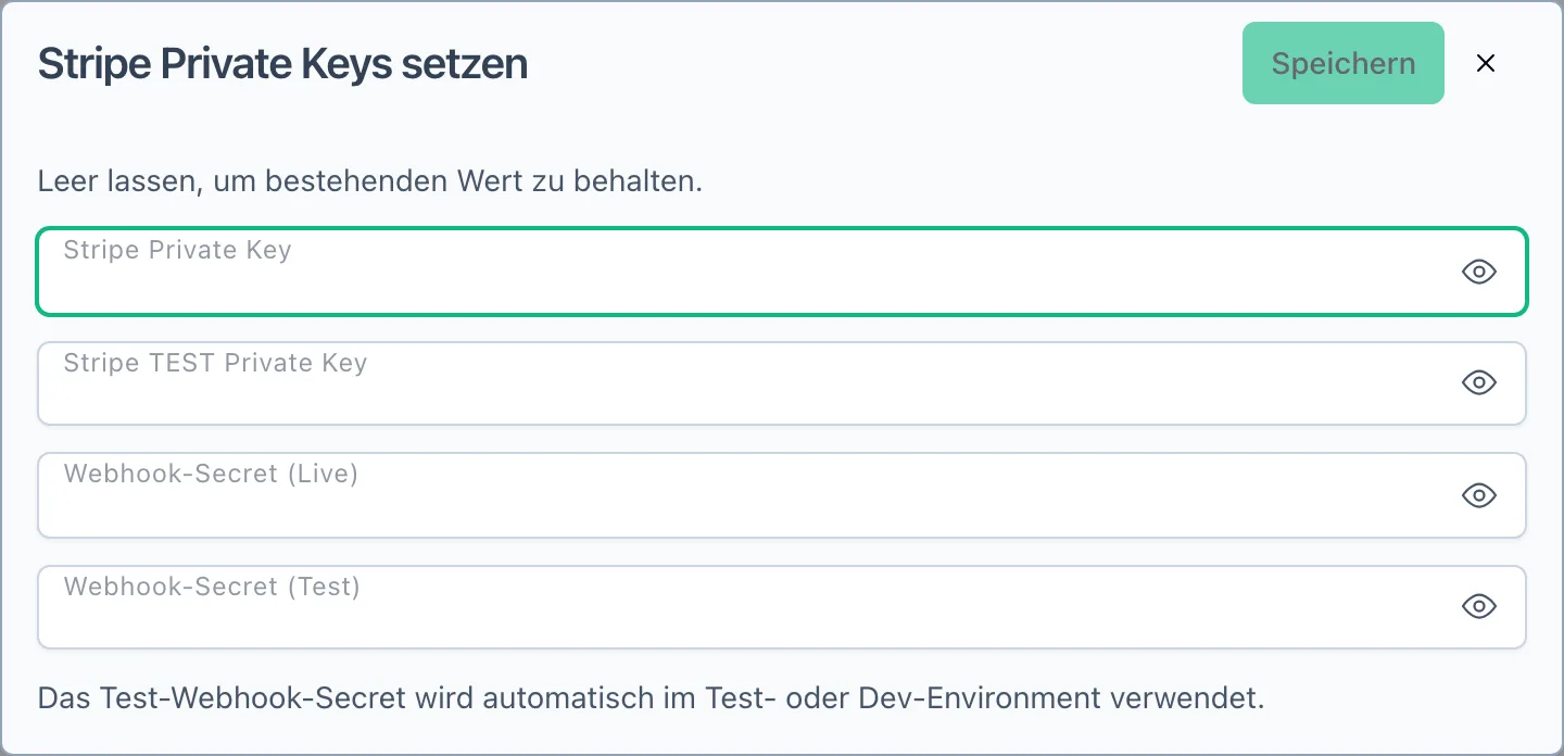Dialog Stripe Private Keys setzen mit vier Passwortfeldern für Live- und Test-Schlüssel sowie die Webhook-Secrets