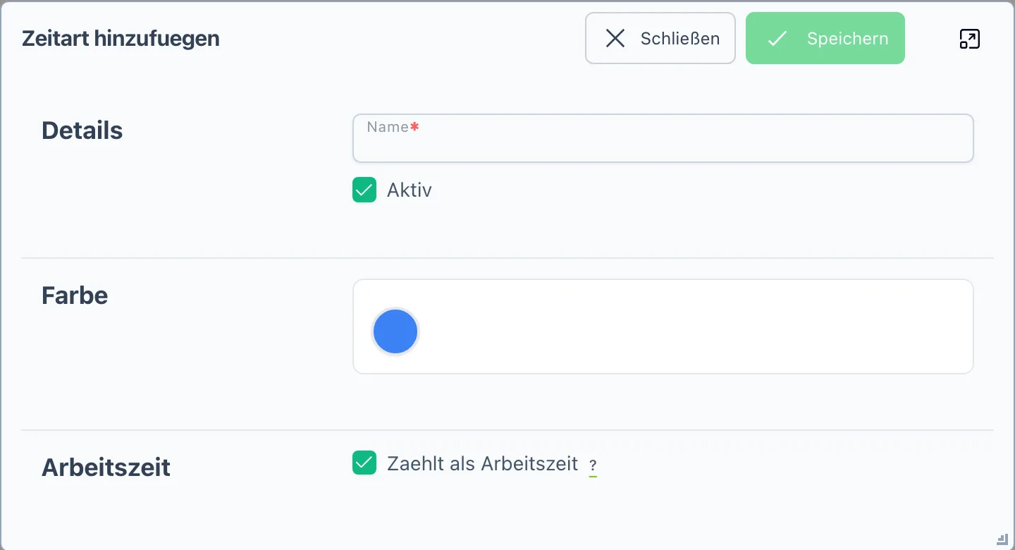 Der Dialog „Zeitart hinzufuegen" mit Name, Aktiv-Kästchen, Farbwähler und dem Haken für die Arbeitszeit