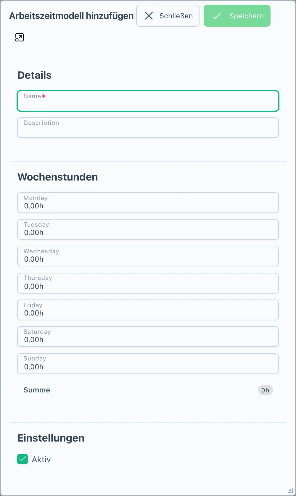 Der Dialog „Arbeitszeitmodell hinzufügen" mit den Stunden je Wochentag und der Summe