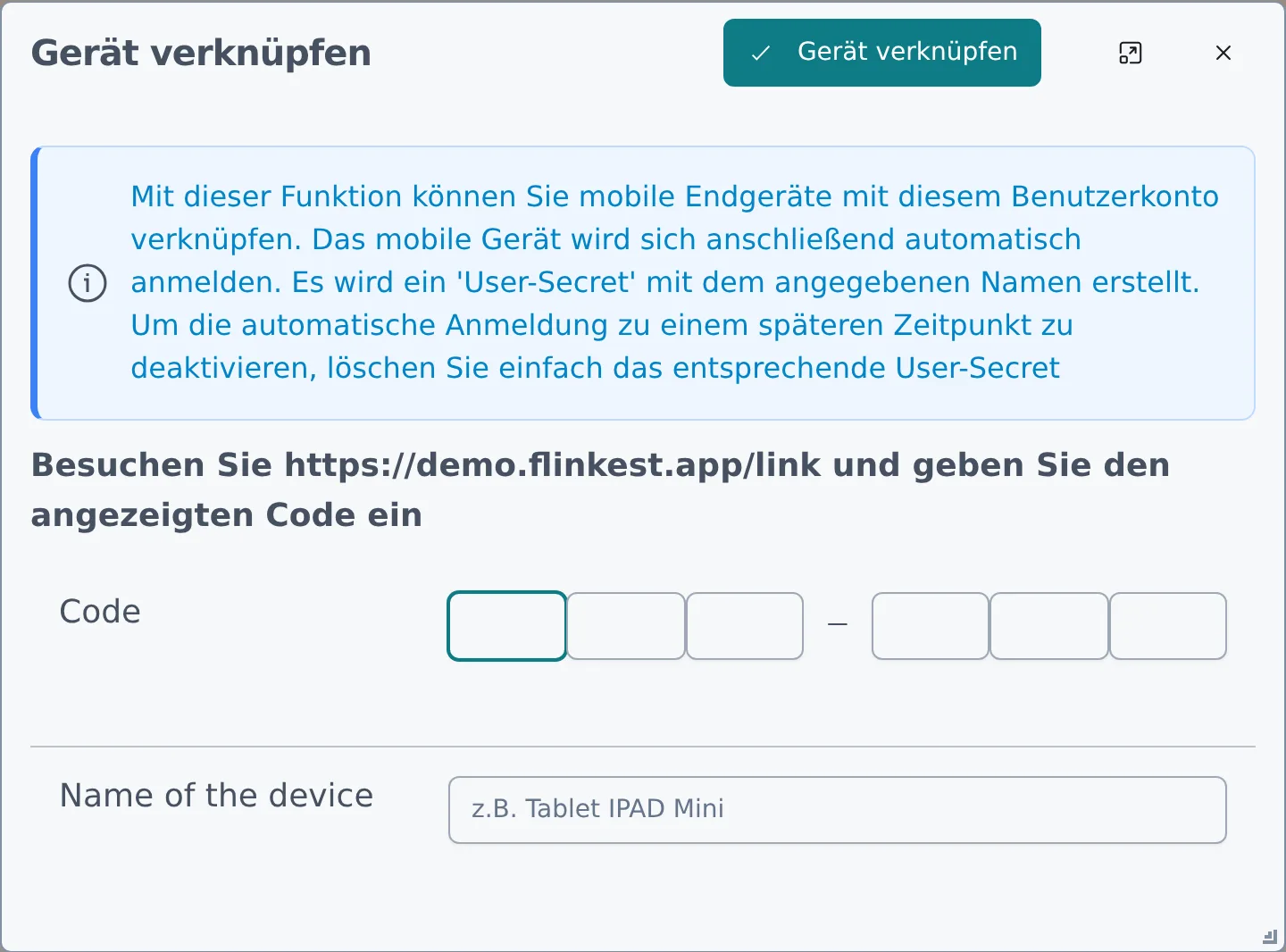 Der Dialog Gerät verknüpfen mit dem sechsstelligen Code und dem Namensfeld