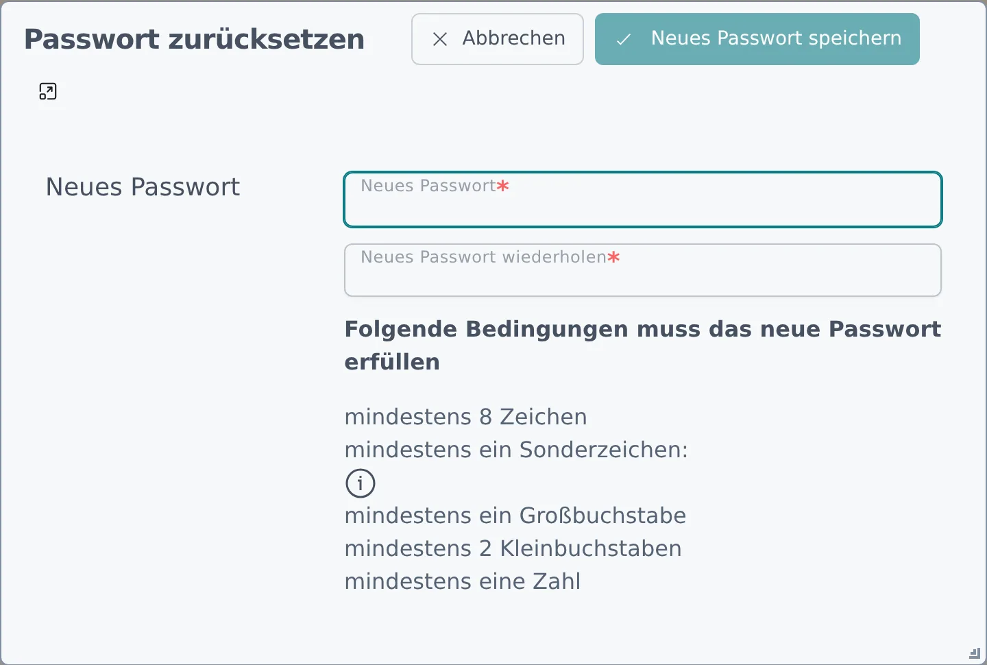 Der Dialog Passwort zurücksetzen mit den Feldern für das neue Passwort und der Checkliste