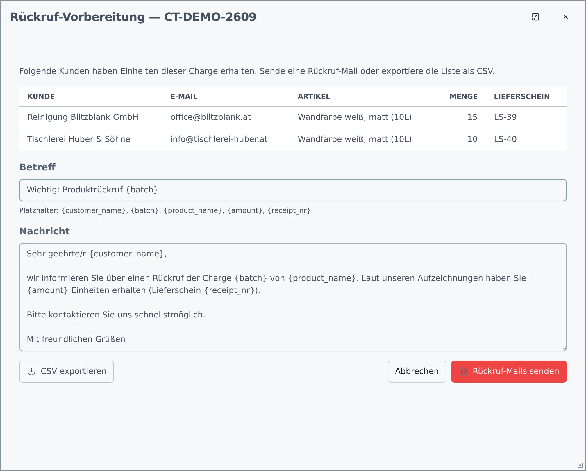 Dialog zur Rückruf-Vorbereitung mit betroffenen Kunden, Betreff und Nachricht