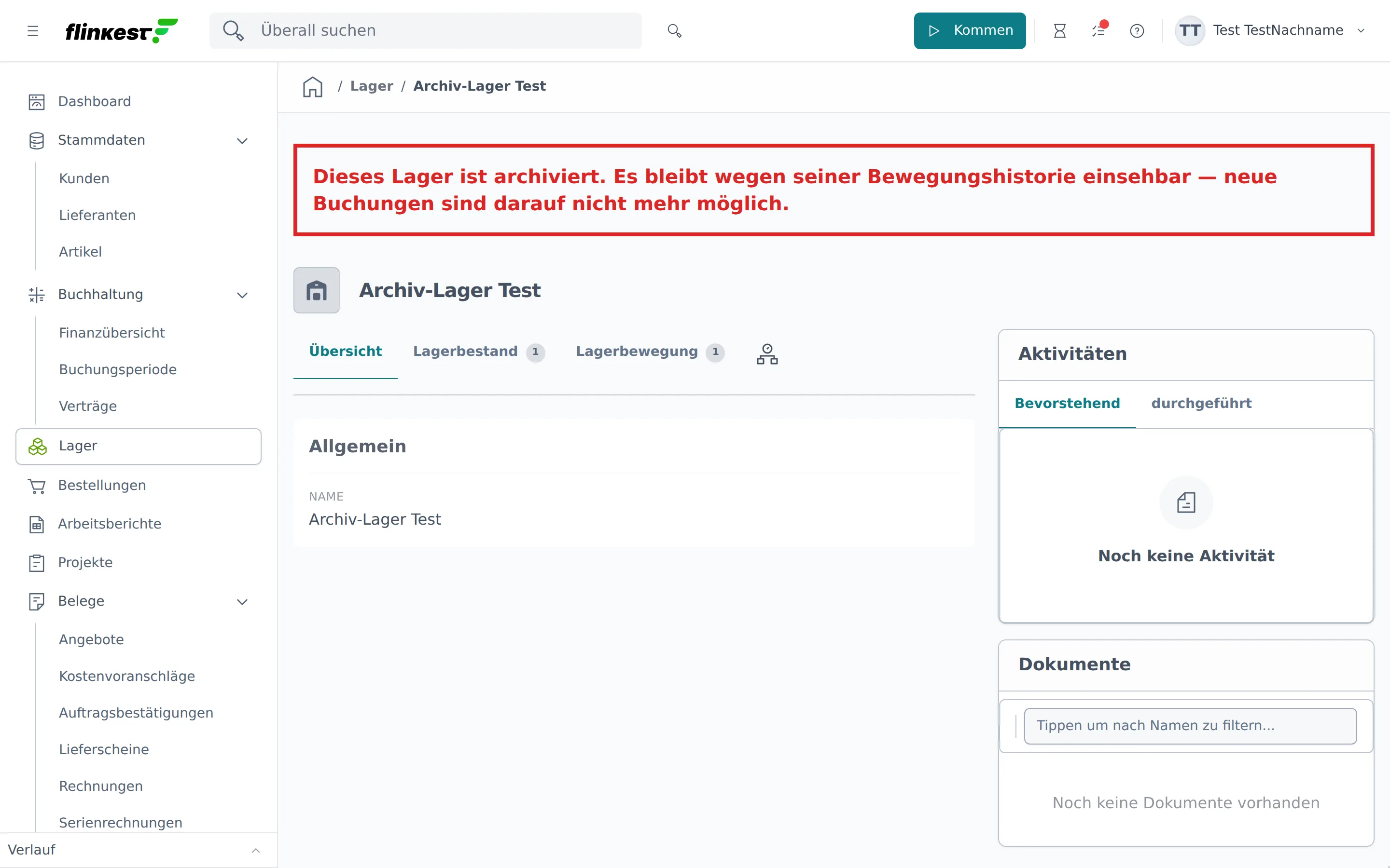 Ein archiviertes Lager: rote Hinweiszeile, keine Bearbeiten- und Menü-Schaltfläche mehr in der Kopfzeile