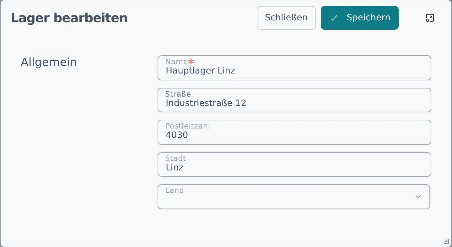 Der Dialog „Lager bearbeiten" mit Name- und Adressfeldern