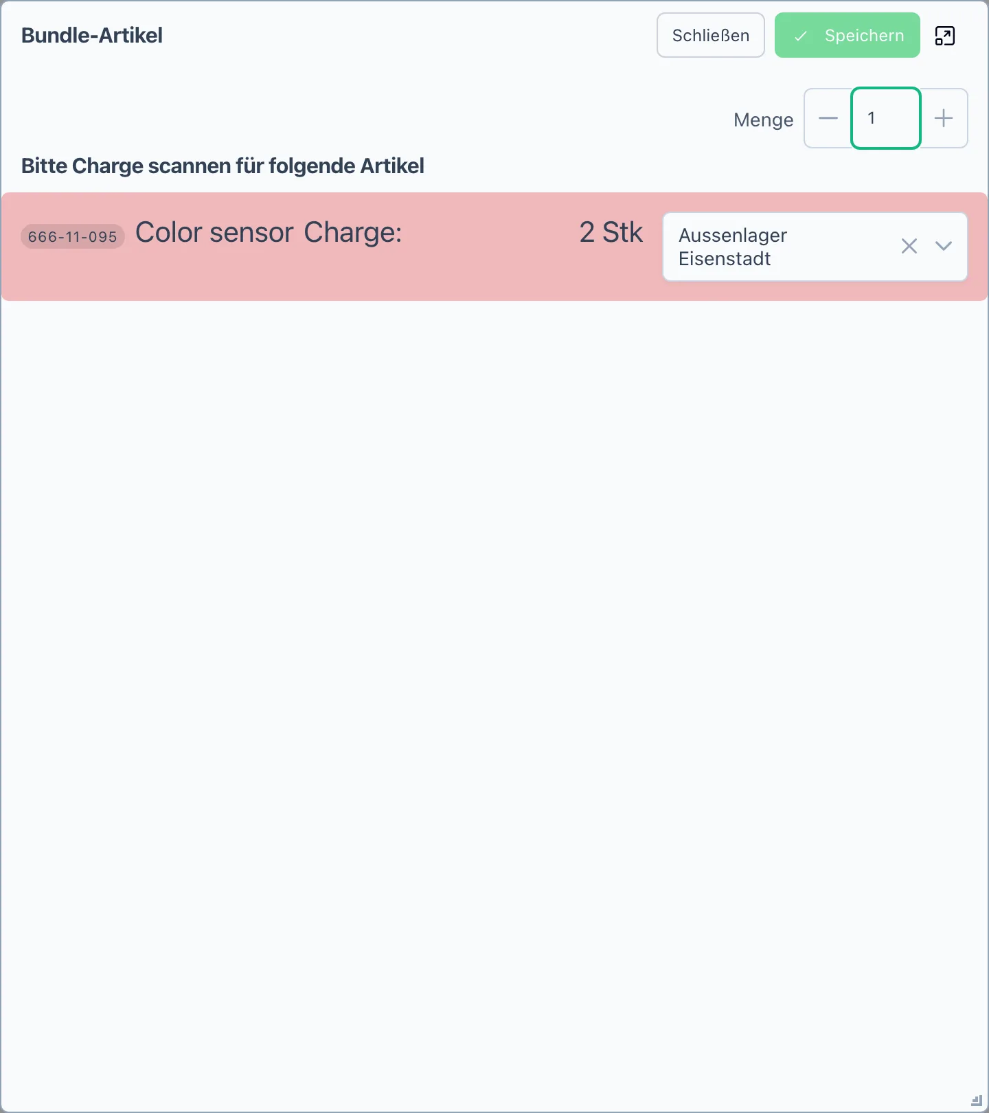 Der Dialog „Bundle-Artikel" mit der Bundle-Menge und einer Bestandteil-Zeile ohne Charge
