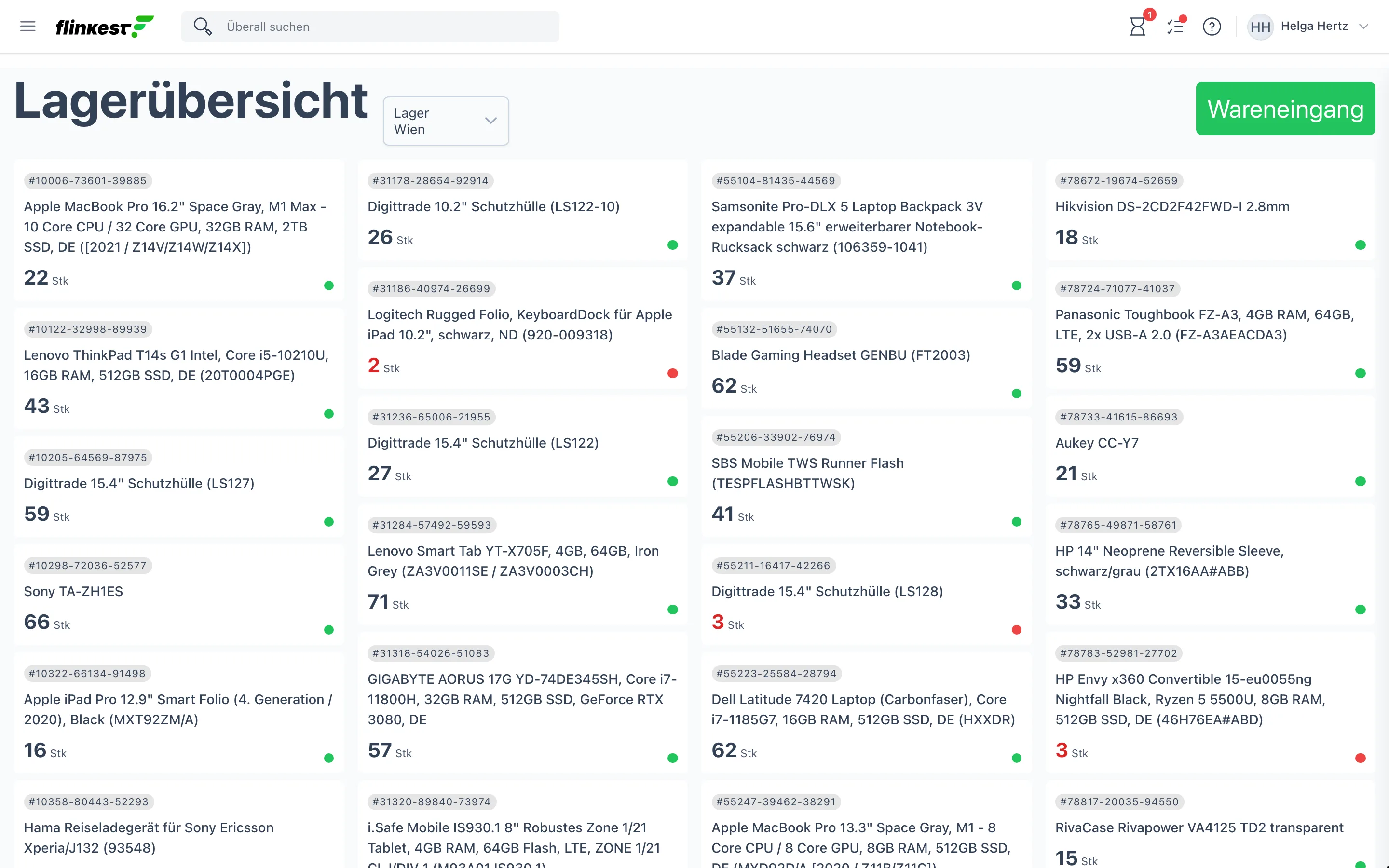 Lagerübersicht mit Bestandskacheln je Artikel, Lagerauswahl oben und der Schaltfläche Wareneingang