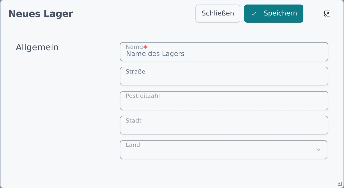 Dialog „Neues Lager" mit Name und Adressfeldern