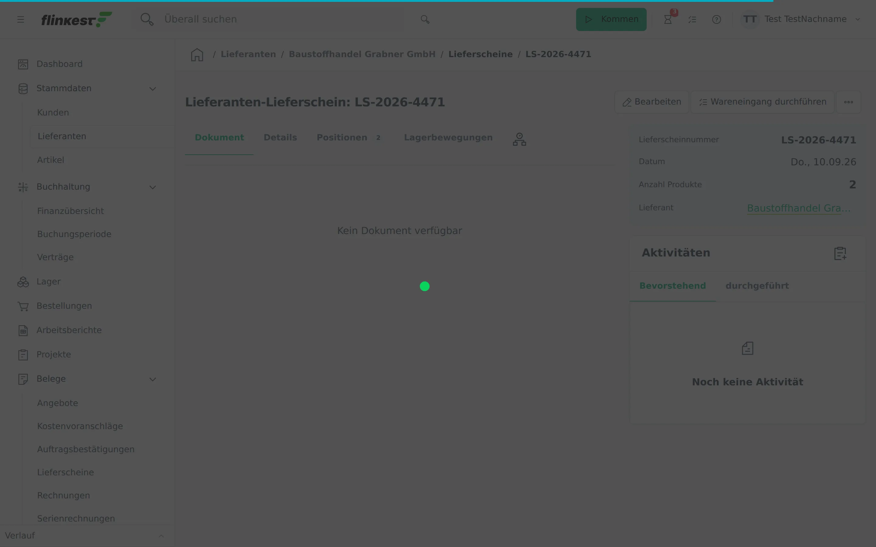 Lieferanten-Lieferschein mit Dokument-Vorschau, Positionen und der Schaltfläche Wareneingang durchführen