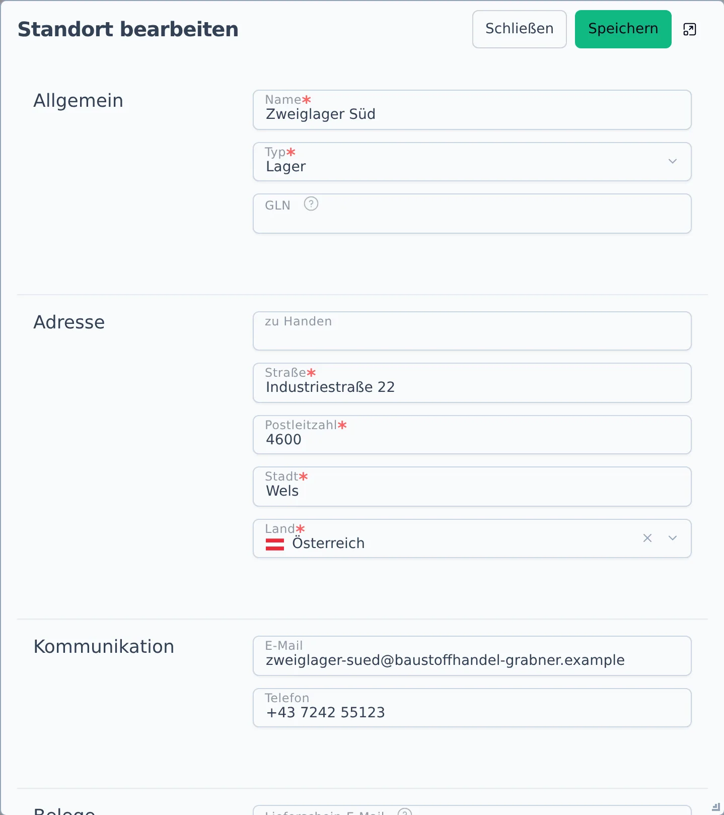 Der Dialog „Standort bearbeiten" mit den Abschnitten Allgemein, Adresse, Kommunikation, Belege und Buchhaltung