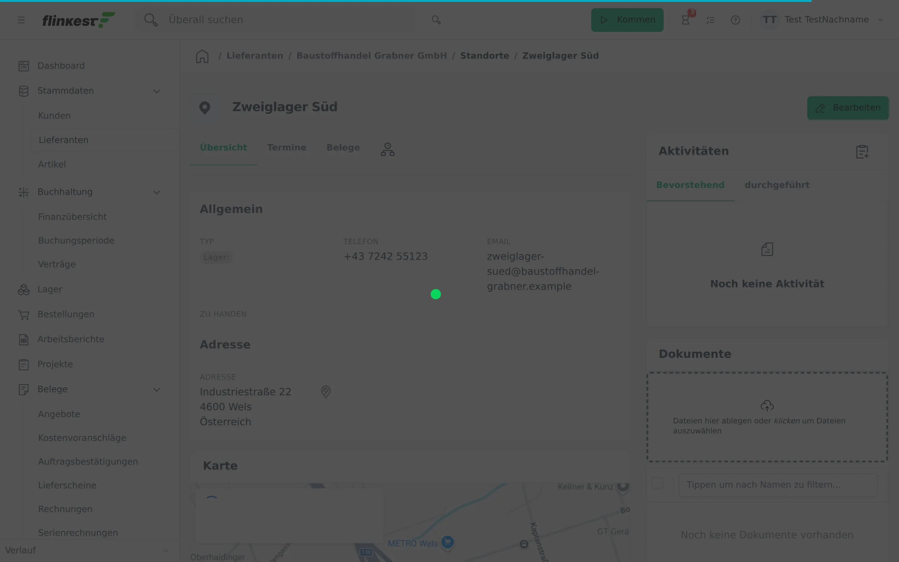 Standortdetails eines Lieferanten mit Kopfzeile, den Reitern Übersicht, Termine und Belege sowie Aktivitäten und Dokumenten