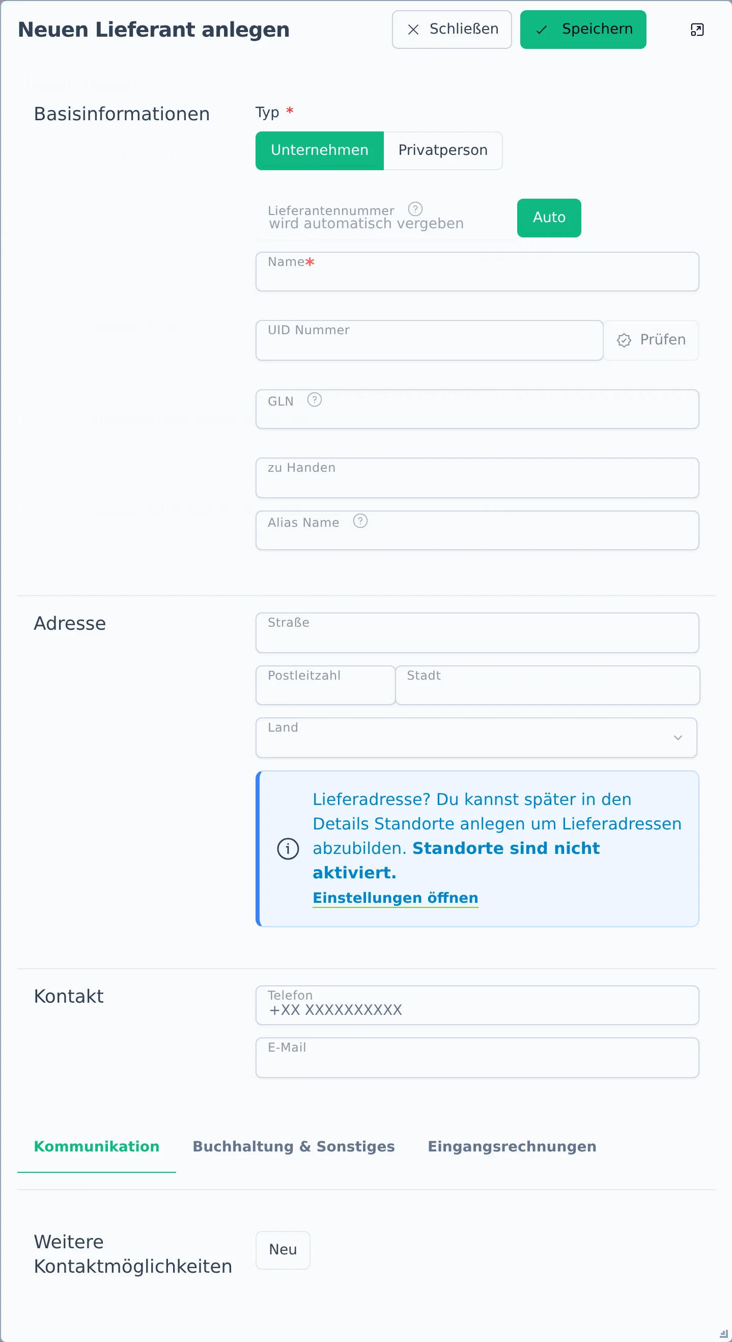 Der Dialog „Neuen Lieferant anlegen" mit den immer sichtbaren Basisdaten oben im Dialog