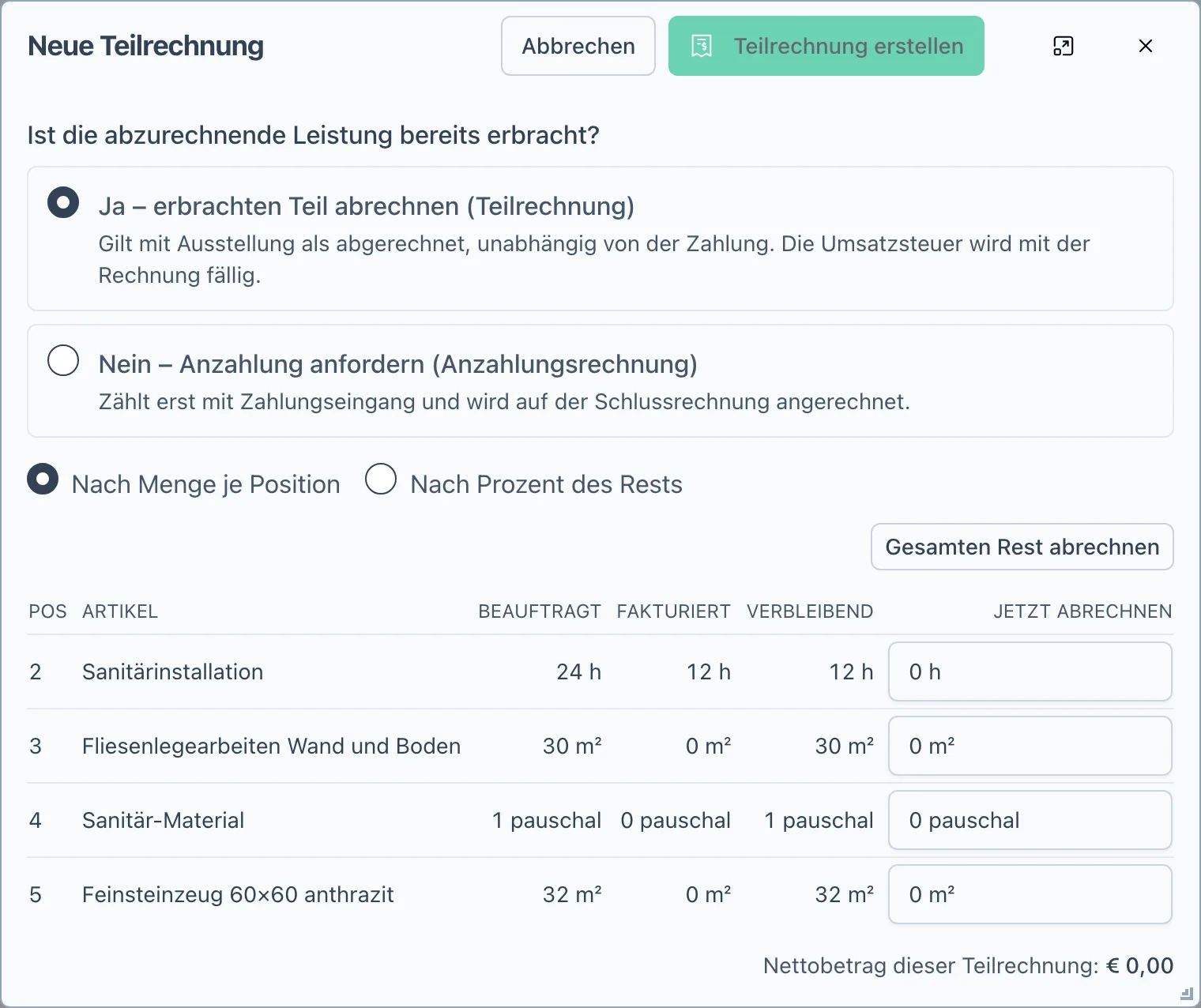 Der Dialog Neue Teilrechnung mit Mengeneingabe je Auftragsposition